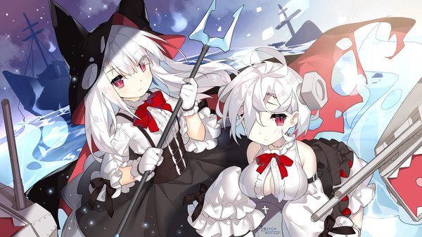 Аниме картинка 1920x1080 с azur lane terror (azur lane) erebus (azur lane) saru (longbb) длинные волосы смотрит на зрителя румянец чёлка высокое разрешение короткие волосы грудь лёгкая эротика красные глаза широкое изображение большая грудь несколько девушек держать декольте ахоге на улице