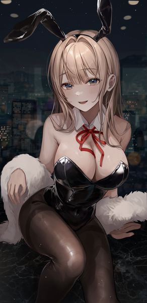 Anime picture 2056x4231 with original myowa single long hair tall image looking at viewer blush fringe highres breasts open mouth blue eyes light erotic blonde hair smile large breasts animal ears bent knee (knees) blunt bangs :d