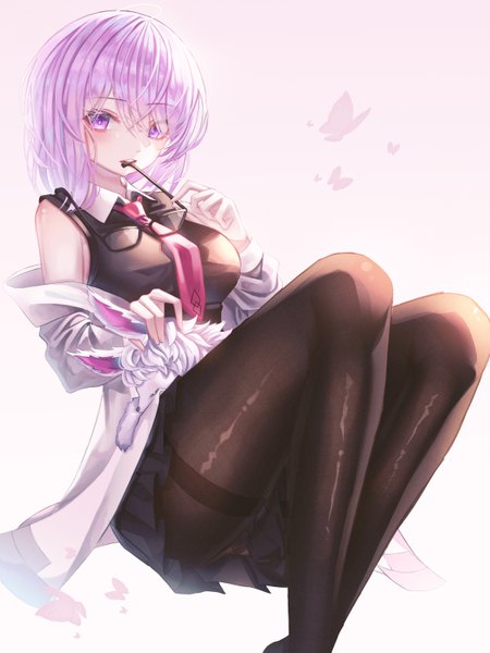 Anime-Bild 4502x6000 mit fate (series) fate/grand order mash kyrielight fou (fate) domi (hyaku8795) single tall image looking at viewer blush fringe highres short hair breasts light erotic simple background sitting purple eyes bare shoulders holding pink hair