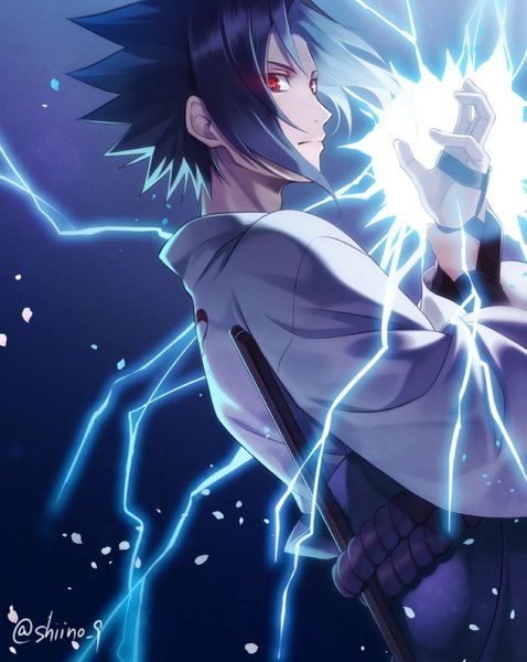 Anime picture 952x1195 with naruto studio pierrot naruto (series) uchiha sasuke shiino 9 single tall image looking at viewer short hair black hair simple background red eyes standing signed profile twitter username dark background holding arm electricity sharingan