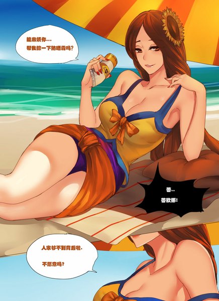 Anime picture 800x1100 with league of legends leona (league of legends) pool party leona pd single long hair tall image looking at viewer breasts light erotic large breasts orange hair orange eyes beach girl beach umbrella