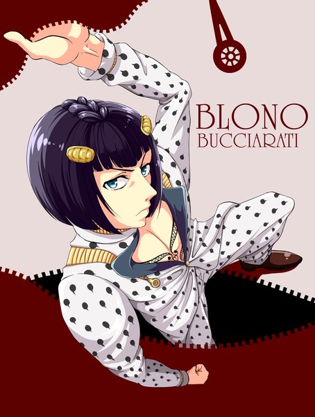 Anime picture 1502x1984 with jojo no kimyou na bouken bruno buccellati odoro (tebukurousagi) single tall image looking at viewer fringe short hair blue eyes purple hair braid (braids) from above tattoo character names boy