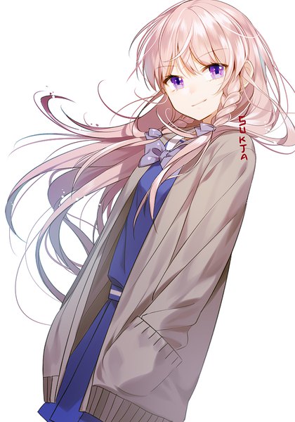 Anime picture 700x1000 with original sorolp single long hair tall image looking at viewer fringe simple background smile hair between eyes white background purple eyes signed pink hair braid (braids) wind twin braids hands in pockets smirk girl