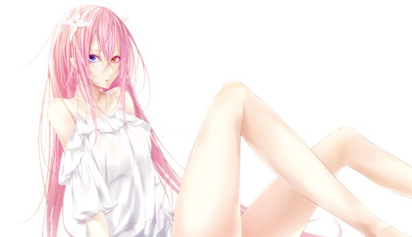 Anime picture 2000x1150 with original yoaferia single looking at viewer fringe highres open mouth blue eyes simple background hair between eyes wide image white background sitting bare shoulders pink hair bent knee (knees) very long hair hair flower orange eyes heterochromia