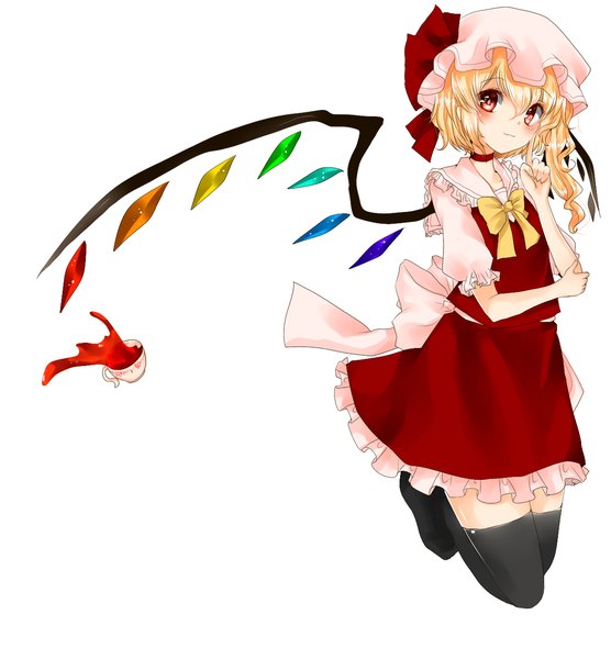 Anime picture 1234x1331 with touhou flandre scarlet koyashaka single tall image looking at viewer blush short hair simple background blonde hair red eyes white background girl thighhighs dress skirt black thighhighs wings bonnet skirt set