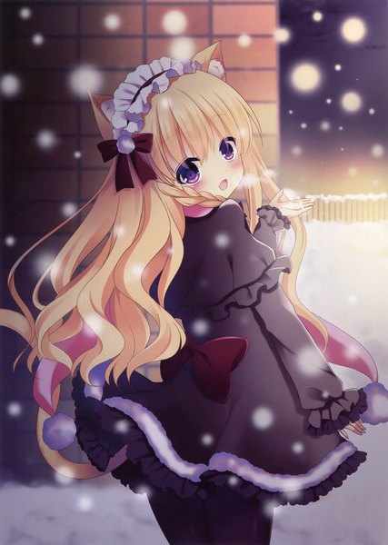 Anime picture 2494x3500 with original shibainu niki single long hair tall image looking at viewer blush highres open mouth blonde hair purple eyes animal ears tail braid (braids) animal tail cat ears scan cat girl cat tail turning head