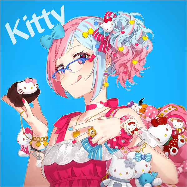 Anime picture 900x900 with hello kitty original sanrio hello kitty (character) hakusai (tiahszld) single looking at viewer blush fringe short hair simple background holding payot blue hair pink hair upper body nail polish pink eyes multicolored hair mole