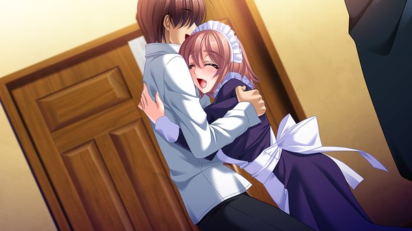 Anime picture 1024x576 with silicon magic iruma sumire (silicon magic) short hair open mouth brown hair wide image game cg eyes closed maid couple girl boy headdress maid headdress