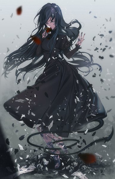 Anime picture 628x974 with original seldam single long hair tall image fringe black hair standing holding full body tail nail polish barefoot fingernails blurry puffy sleeves floating hair looking down silver eyes girl