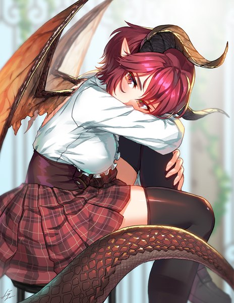 Anime picture 800x1034 with shingeki no bahamut manaria friends granblue fantasy grea (shingeki no bahamut) kws single tall image looking at viewer blush fringe short hair breasts hair between eyes red eyes sitting signed bent knee (knees) red hair tail pleated skirt