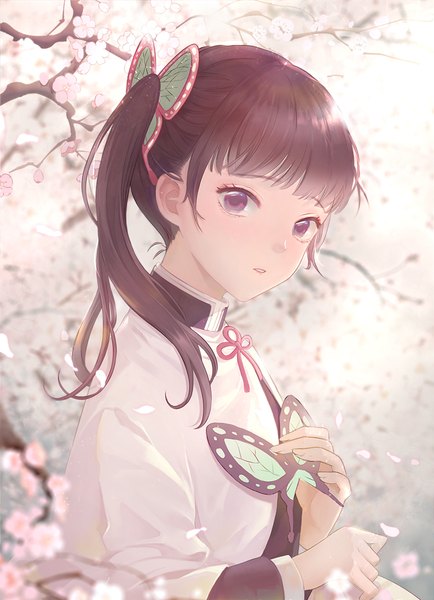Anime picture 818x1130 with kimetsu no yaiba ufotable tsuyuri kanao antweiyi single long hair tall image looking at viewer fringe black hair purple eyes holding upper body outdoors blunt bangs parted lips blurry cherry blossoms side ponytail spring