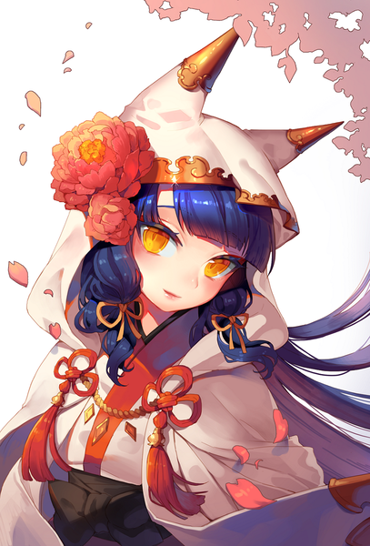 Anime picture 893x1315 with original mulalang single long hair tall image looking at viewer blush fringe white background yellow eyes blue hair upper body blunt bangs traditional clothes head tilt japanese clothes light smile wind girl flower (flowers)