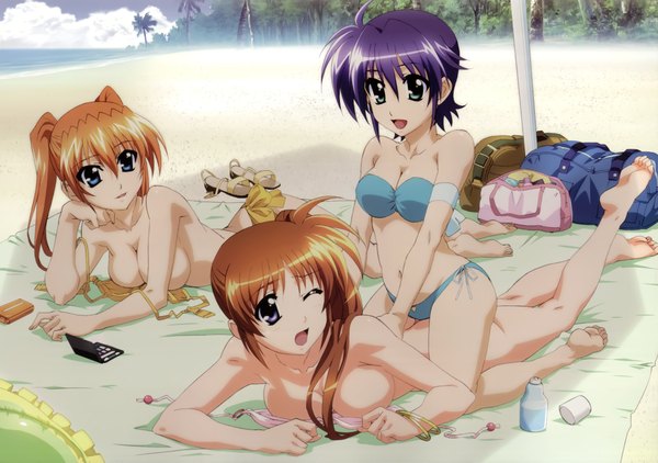 Anime picture 4260x3000 with mahou shoujo lyrical nanoha mahou shoujo lyrical nanoha strikers nyantype takamachi nanoha subaru nakajima teana lanster hashimoto takayoshi long hair highres short hair breasts open mouth blue eyes light erotic blonde hair brown hair multiple girls green eyes absurdres purple hair