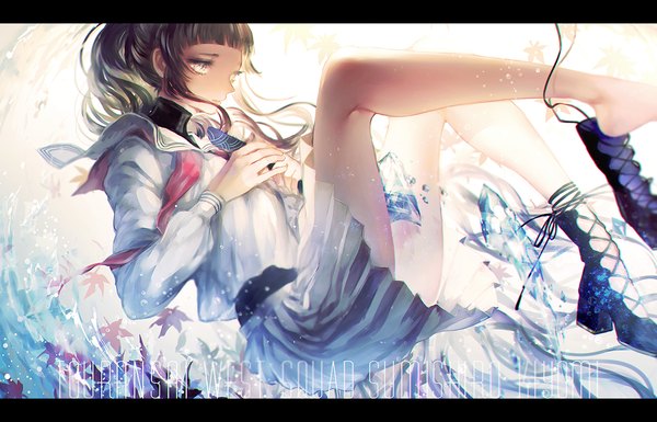 Anime picture 1400x900 with original mypower_53mnds single long hair black hair yellow eyes looking away bare legs letterboxed shoes removed girl skirt uniform serafuku shoes leaf (leaves)