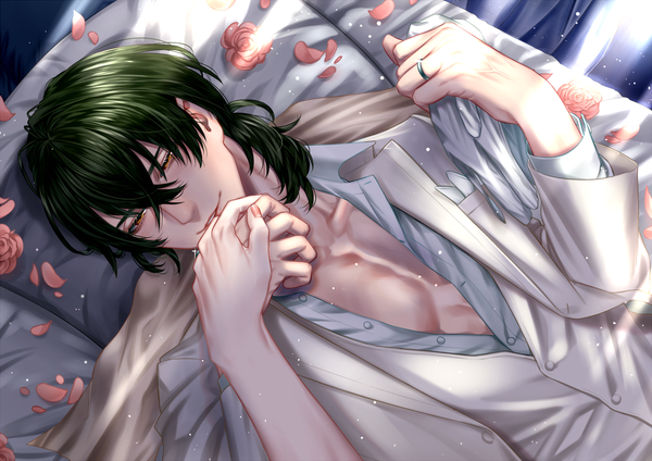 Anime picture 1000x707 with stand my heroes tsuzuki makoto muneharu fringe short hair smile hair between eyes holding brown eyes looking away upper body lying nail polish green hair sunlight on back open shirt holding hands solo focus low ponytail
