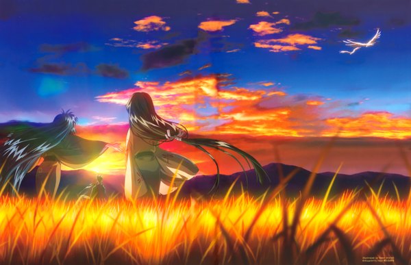 Anime picture 3484x2251 with air key (studio) kannabi no mikoto kanna long hair highres sky evening sunset scenic uraha ryuuya