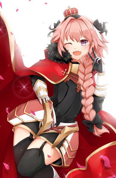 Anime picture 3000x4600 with fate (series) fate/apocrypha astolfo (fate) slime (user jpds8754) single long hair tall image looking at viewer blush highres open mouth simple background smile white background purple eyes pink hair braid (braids) one eye closed multicolored hair wink