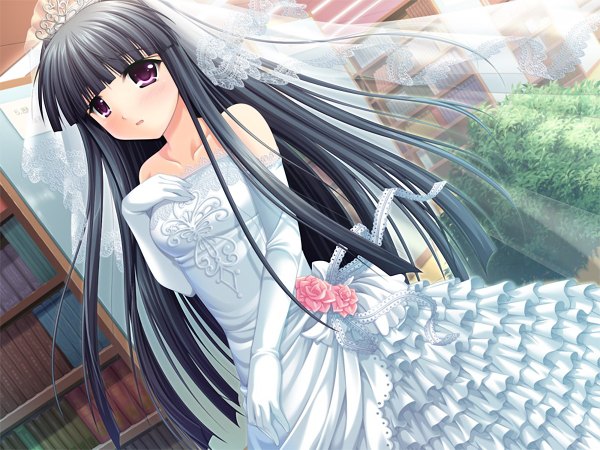 Anime picture 1200x900 with w. l. o. sekai ren'ai kikou long hair black hair purple eyes game cg girl dress white dress wedding dress shelf bookshelf
