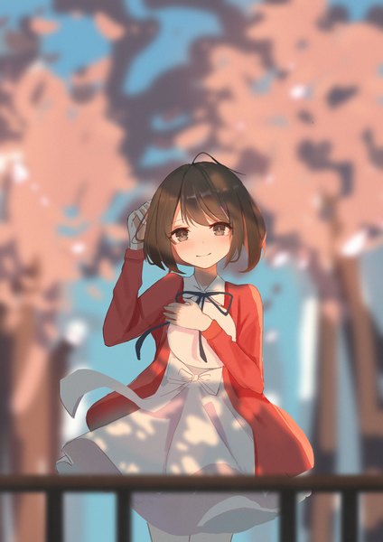 Anime picture 1649x2334 with saenai heroine no sodatekata a-1 pictures katou megumi ellase single tall image looking at viewer blush fringe short hair smile hair between eyes brown hair standing holding brown eyes ahoge outdoors arm up wind