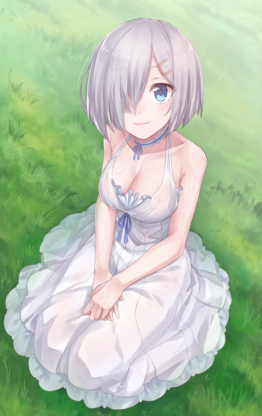Anime picture 900x1428 with kantai collection hamakaze destroyer konnyaku (kk-monmon) single tall image looking at viewer blush short hair breasts blue eyes smile large breasts sitting silver hair from above shiny skin hands clasped seiza girl dress
