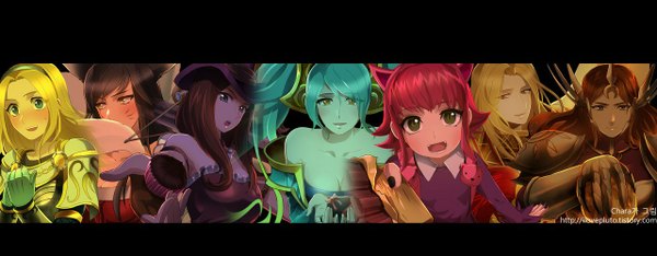 Anime picture 1280x500 with league of legends ahri (league of legends) sona buvelle lux (league of legends) caitlyn (league of legends) annie (league of legends) leona (league of legends) kayle (league of legends) long hair looking at viewer blush breasts open mouth black hair blonde hair smile brown hair wide image multiple girls brown eyes