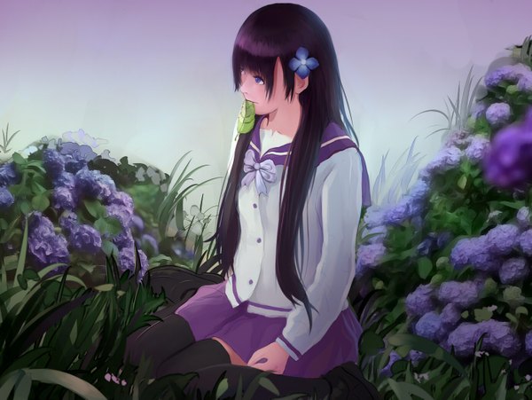 Anime picture 1387x1043 with sankarea studio deen sanka rea ume susumu single long hair black hair purple eyes holding hair flower realistic mouth hold girl thighhighs uniform hair ornament flower (flowers) bow black thighhighs plant (plants)