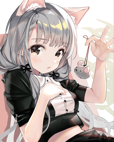Anime picture 1188x1483 with idolmaster idolmaster cinderella girls idolmaster cinderella girls starlight stage hisakawa nagi kanda done single long hair tall image looking at viewer blush twintails holding brown eyes animal ears grey hair midriff low twintails hand on chest kemonomimi mode girl