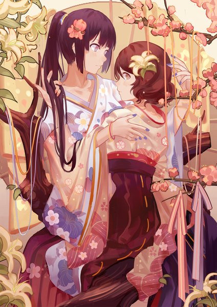 Anime picture 1556x2200 with hibike! euphonium kyoto animation kousaka reina oumae kumiko zicai tang long hair tall image looking at viewer fringe short hair red eyes sitting purple eyes multiple girls looking away purple hair ponytail red hair long sleeves traditional clothes