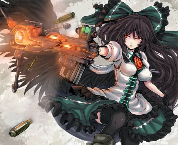 Anime picture 1000x815 with touhou reiuji utsuho panzer single fringe breasts black hair looking away orange eyes arm cannon girl thighhighs gloves hair ornament bow weapon black thighhighs hair bow boots gun