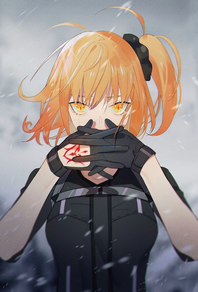 Anime picture 1696x2500 with fate (series) fate/grand order fujimaru ritsuka (female) parai0 single tall image looking at viewer fringe short hair breasts hair between eyes standing yellow eyes upper body ahoge orange hair tattoo one side up covered mouth interlocked fingers