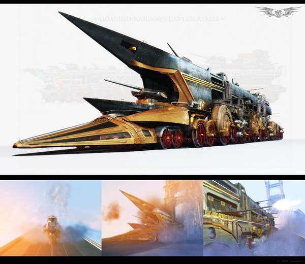 Anime picture 1920x1665 with original arsenixc highres white background smoke steam fire ground vehicle road train cannon