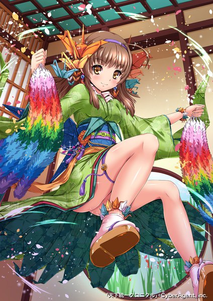 Anime picture 800x1131 with tenkuu no crystalia sakiyamama single long hair tall image looking at viewer blush fringe light erotic smile brown hair holding brown eyes full body ahoge indoors blunt bangs traditional clothes japanese clothes wide sleeves