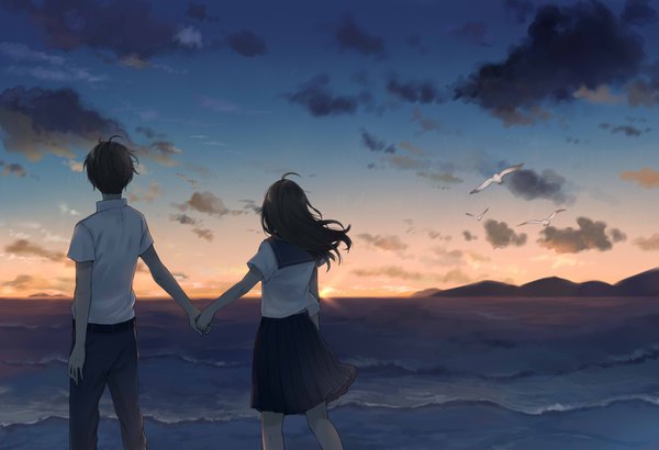 Anime picture 1900x1300 with original utakata (s sw) long hair highres short hair black hair sky cloud (clouds) pleated skirt wind from behind short sleeves couple beach holding hands evening sunset mountain walking sand