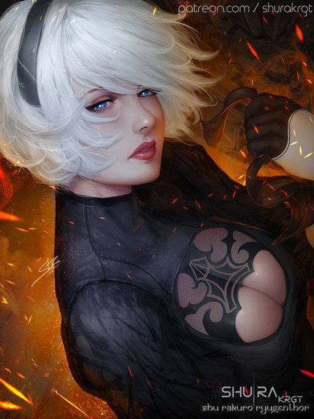 Anime picture 600x800 with nier nier:automata yorha no. 2 type b shurakrgt single tall image looking at viewer fringe short hair breasts blue eyes light erotic holding signed cleavage upper body white hair parted lips wind realistic