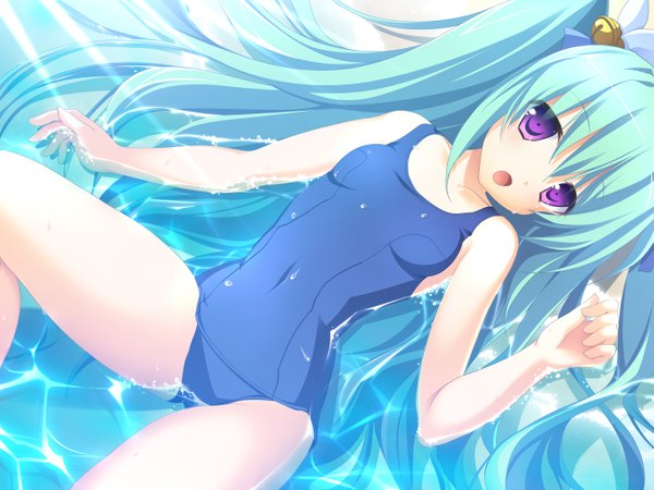 Anime picture 1333x1000 with osananajimi wa daitouryou (game) light erotic purple eyes twintails game cg green hair girl swimsuit one-piece swimsuit school swimsuit