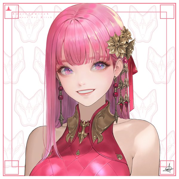 Anime picture 4000x4000 with original ake (cherrylich) single long hair looking at viewer fringe highres simple background smile signed pink hair absurdres blunt bangs pink eyes hair flower portrait face framed girl hair ornament