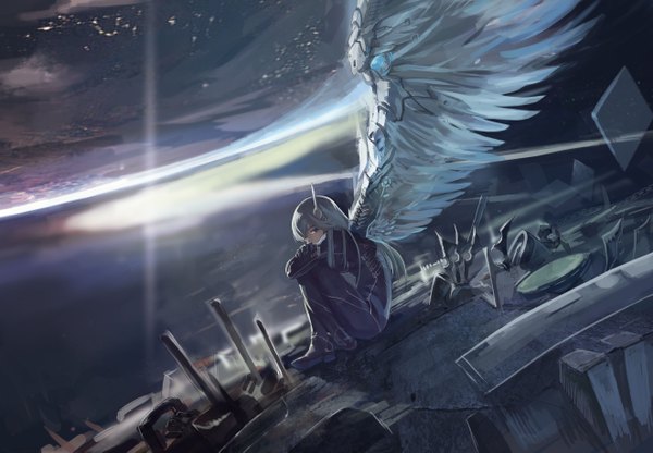 Anime picture 5285x3665 with original azomo single long hair looking at viewer fringe highres blue eyes sitting absurdres profile grey hair sunlight hair over one eye light angel wings sunbeam space ruins mechanical wings