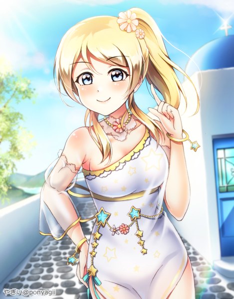 Anime picture 1066x1361 with love live! school idol project sunrise (studio) love live! ayase eli ponyagii single long hair tall image looking at viewer blush fringe blue eyes blonde hair smile signed sky outdoors ponytail hair flower sunlight