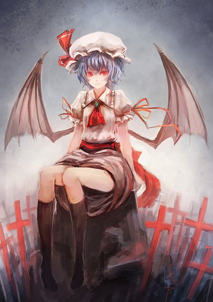 Anime picture 1200x1697 with touhou remilia scarlet bryanth single tall image short hair red eyes sitting blue hair bat wings girl dress wings cross bonnet