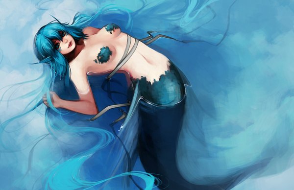 Anime picture 1024x663 with original maera caenis nereus ippus single looking at viewer breasts blue eyes light erotic bare shoulders very long hair from above pointy ears aqua hair midriff girl navel water mermaid fin (fins)