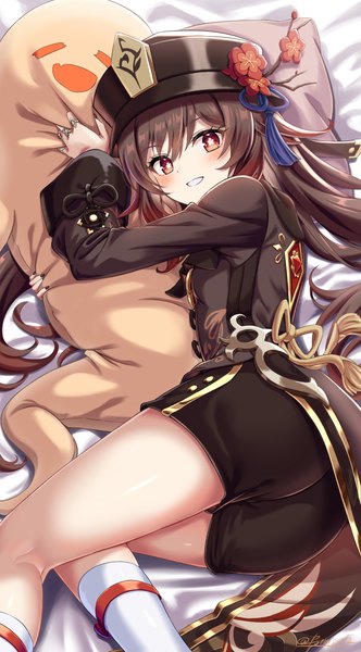 Anime picture 831x1500 with genshin impact hu tao (genshin impact) boo tao (genshin impact) ponnyu12 single long hair tall image looking at viewer blush fringe light erotic smile red eyes brown hair twintails ass lying nail polish grin symbol-shaped pupils