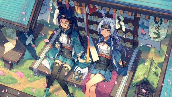 Anime picture 2000x1132 with azur lane hiryuu (azur lane) souryuu (azur lane) zicai tang long hair looking at viewer highres blue eyes black hair smile wide image sitting multiple girls animal ears outdoors white hair eyes closed pleated skirt from above arm support