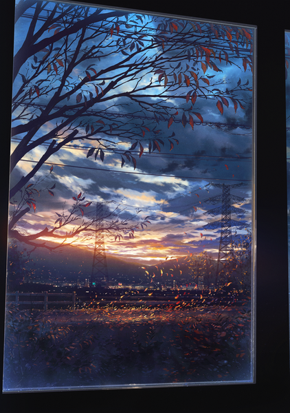 Anime picture 1039x1476 with original cola (pixiv) tall image sky cloud (clouds) evening sunset mountain no people scenic autumn electricity window leaf (leaves) railing autumn leaves power lines