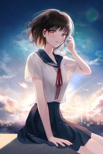 Anime picture 1000x1493 with original daby single tall image looking at viewer blush fringe short hair breasts black hair sitting brown eyes sky cloud (clouds) pleated skirt wind arm support short sleeves lens flare city