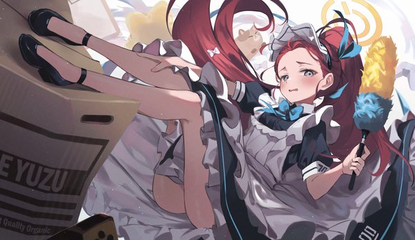 Anime picture 3378x1952 with blue archive yuzu (blue archive) yuzu (maid) (blue archive) timo wei95 single long hair looking at viewer blush highres light erotic wide image full body ponytail red hair head tilt bare legs maid grey eyes embarrassed official alternate costume