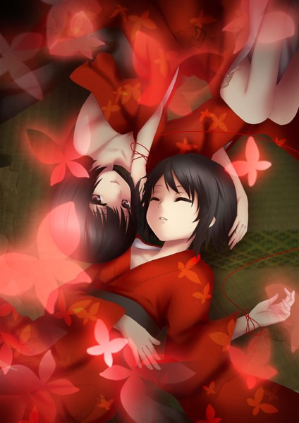 Anime picture 1240x1753 with original aomaru tall image short hair black hair purple eyes multiple girls lying eyes closed traditional clothes japanese clothes girl 2 girls kimono insect butterfly thread red thread
