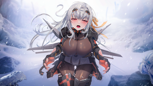 Anime-Bild 5760x3240 mit goddess of victory: nikke modernia (nikke) zerocat single long hair looking at viewer fringe highres breasts open mouth light erotic hair between eyes red eyes wide image large breasts absurdres silver hair outdoors tears thigh gap