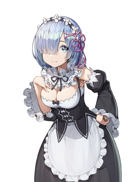 Anime picture 1970x2659 with re:zero kara hajimeru isekai seikatsu white fox rem (re:zero) mokew single tall image looking at viewer fringe highres short hair breasts blue eyes light erotic simple background large breasts white background blue hair cleavage hair over one eye maid