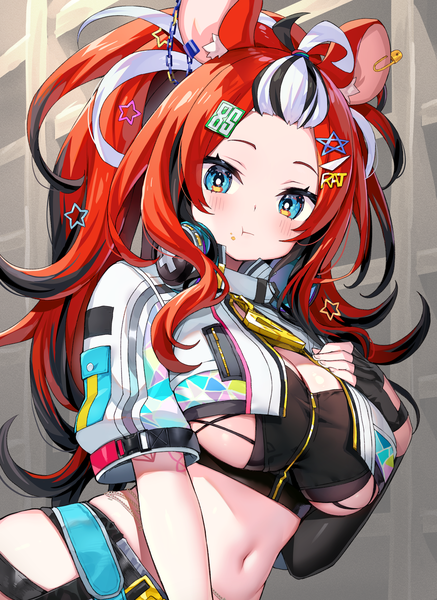 Anime picture 1747x2400 with virtual youtuber hololive hololive english hakos baelz ayaoshiro single long hair tall image looking at viewer blush highres breasts blue eyes light erotic animal ears cleavage upper body ahoge red hair multicolored hair