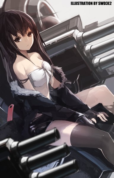 Anime picture 793x1234 with original swd3e2 single long hair tall image looking at viewer black hair bare shoulders brown eyes open clothes open jacket girl thighhighs gloves weapon black thighhighs jacket fingerless gloves